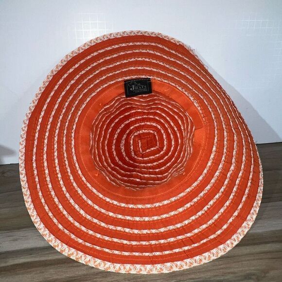 J Hats Wide Brim Straw Ribbon Sun Hat Orange Apricot & White Floppy Wire Brim - Picture 6 of 7